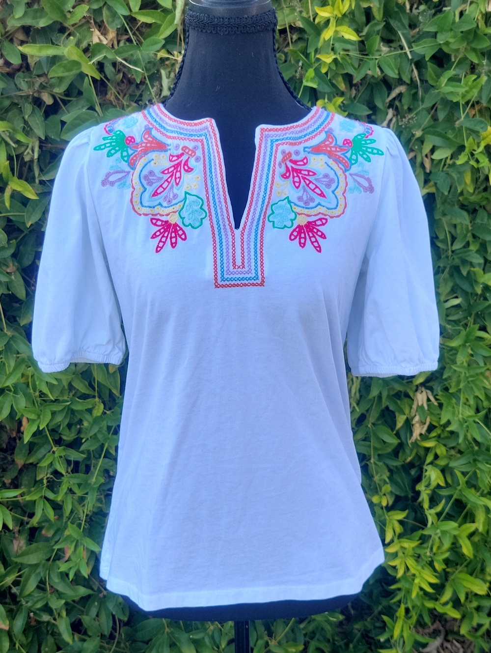 Talbots White Split-Neck Embroidered Puff-Sleeve Boho Top XS